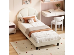 Cama de Casal Estofada, 90 X 190 Cm, Cama Juvenil, com Cabeceira Ajustável em Altura, Revestida em Veludo, Sem Colchão, Bege INONEFT