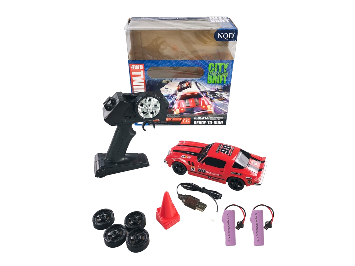 Carro De Controle Remoto Drift 2.4ghz 1/24 4wd Com Luzes Led Pneus De Corrida E Drift Barreira Vermelho 2 Baterias
