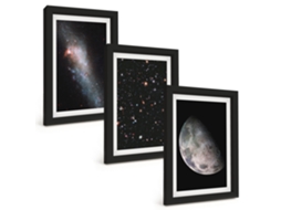 Um Conjunto De Imagens Decorativas Em Uma Moldura Espaço, Galáxia, Estrelas E Lua Moldura Preta Pinturas De Quarto Espelharte (3 Peças 20x30 Cm)