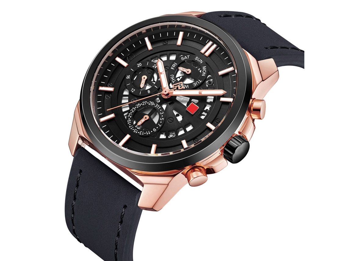 Relógio masculino de quartzo com pulseira de couro, design de três mostradores, estilo executivo, dourado rosê e preto.