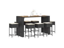 Vidaxl 9 Pcs Conjunto De Bar Para Jardim C/ Almofadões Vime Pe Preto