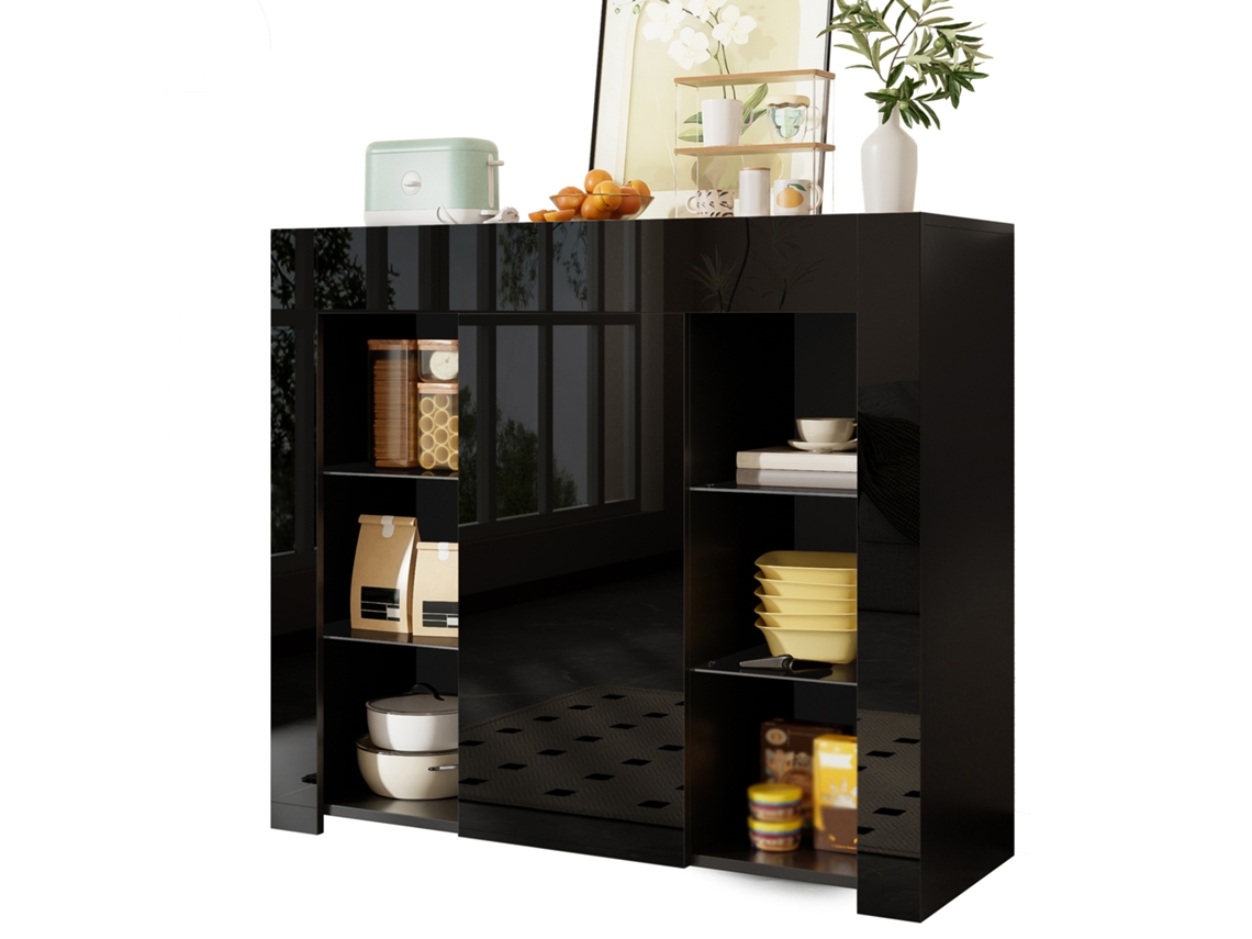 Buffet Preto Alto Brilho 95x35x83cm Vidro Sala Jantar Cozinha