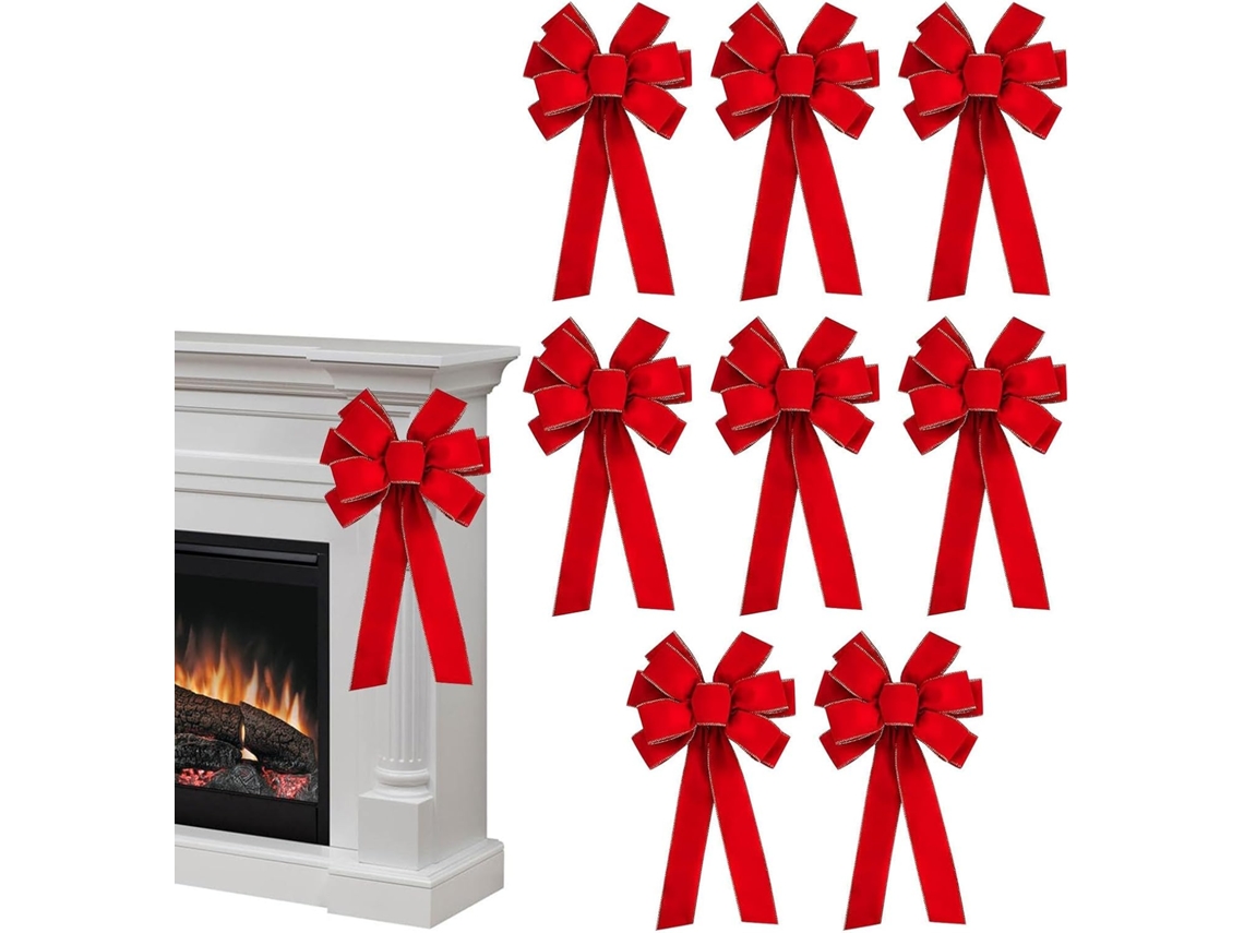Laço De Natal Grande Com 8 Enfeites Com Bordas Douradas | Laços Vermelhos Grandes Para Árvore De Natal