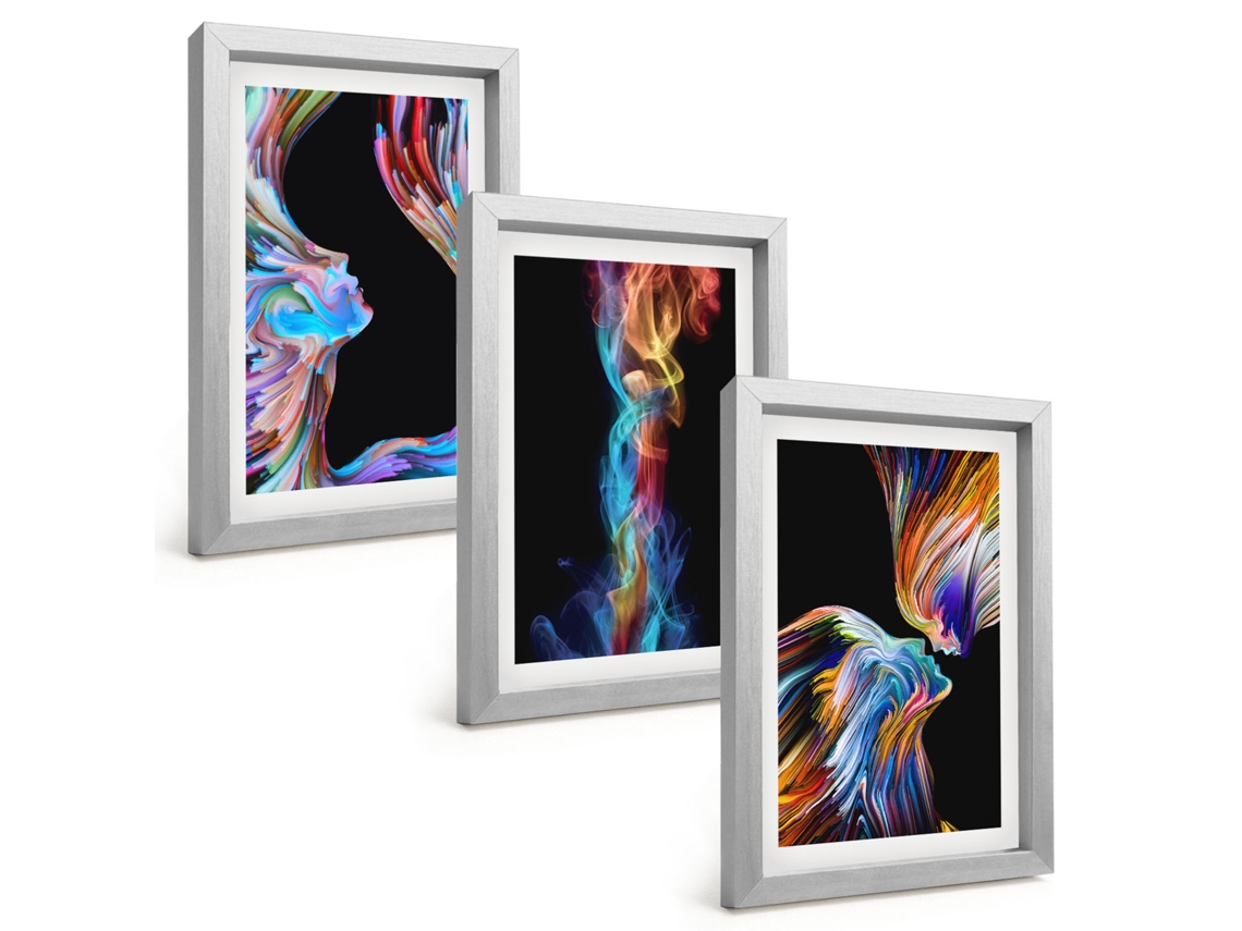 Conjunto De Pinturasrostos Coloridos, Abstrações Moldura Prateada Quadros Para A Sala De Estar Espelharte (3 Peças 20x30 Cm)