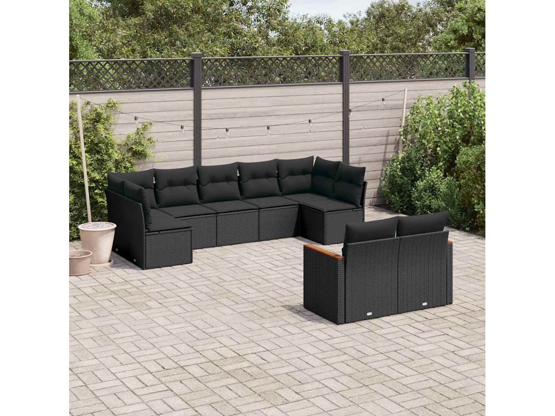Vidaxl 9 Pcs Conjunto De Sofás P/ Jardim C/ Almofadões Vime Pe Preto