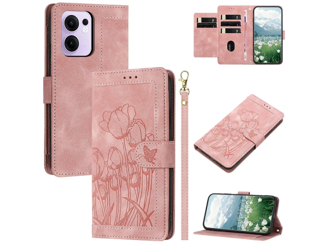Capa De Couro Tipo Tulipa Para Oppo Reno13 F 5g 4g Com 5 Compartimentos Para Cartão E Carteira Rosa