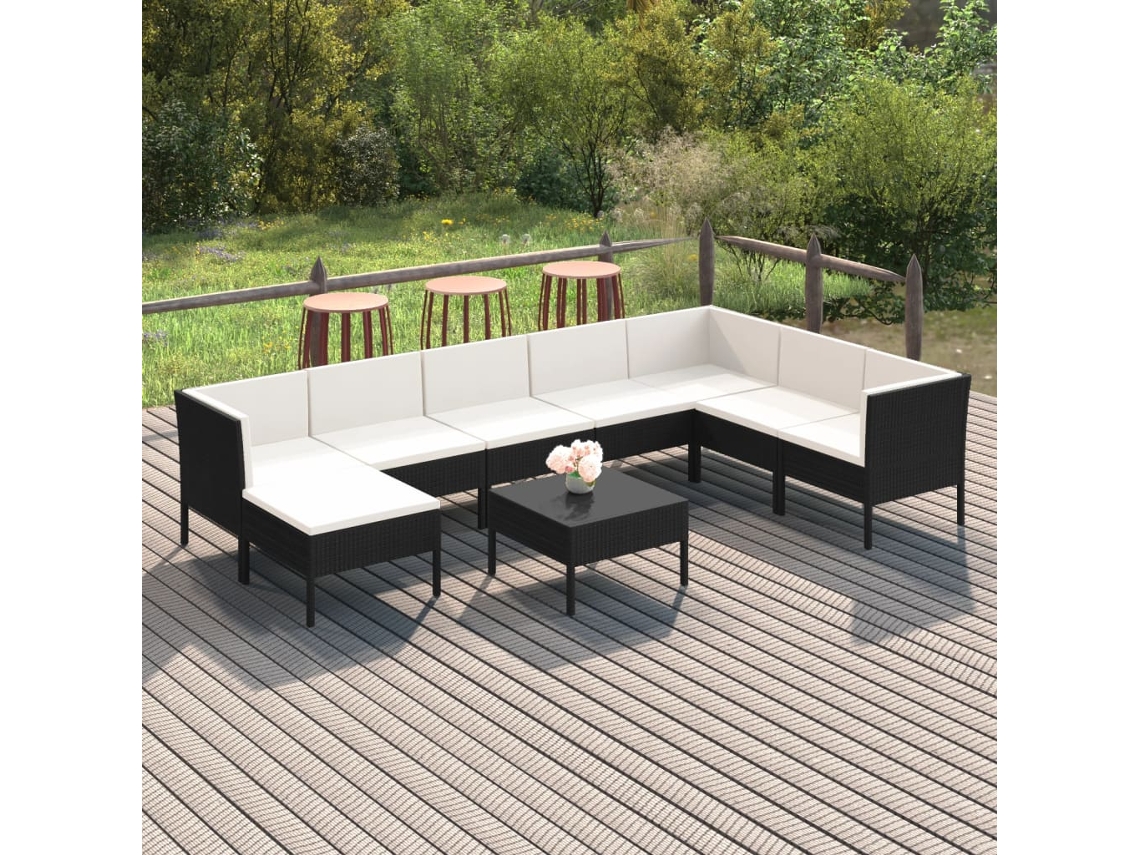 Conjunto Lounge Jardim 9 Peças C/ Almofadões Vime Pe Preto Dkd Home Decor