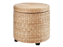 Pufe Redondo Boho Com Estofamento Natural, Mesa De Centro Cáqui Ø43x43cm E Aconchegante