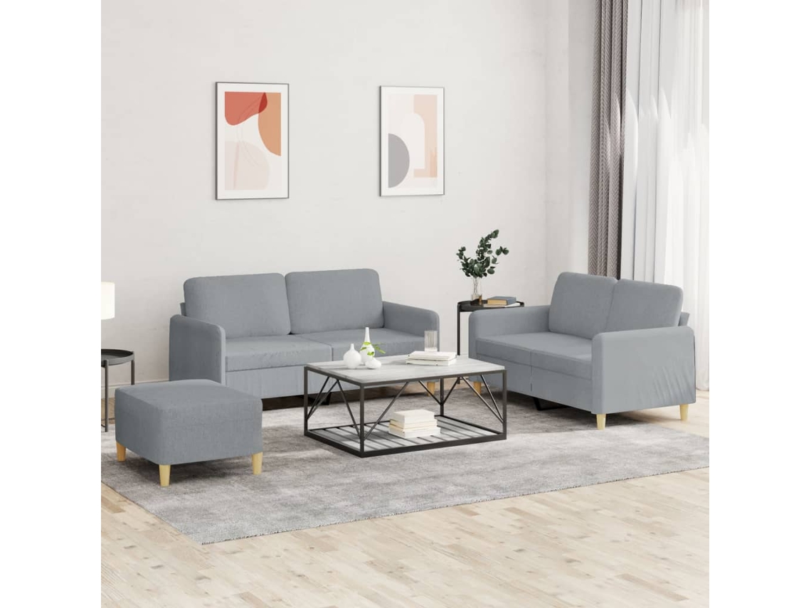 Vidaxl 3 Pcs Conjunto De Sofás Com Almofadões Tecido Cinzento-claro