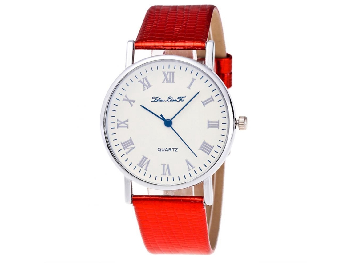 Relógio de pulso feminino em couro PU com strass, modelo Zhoulianfa, vermelho.