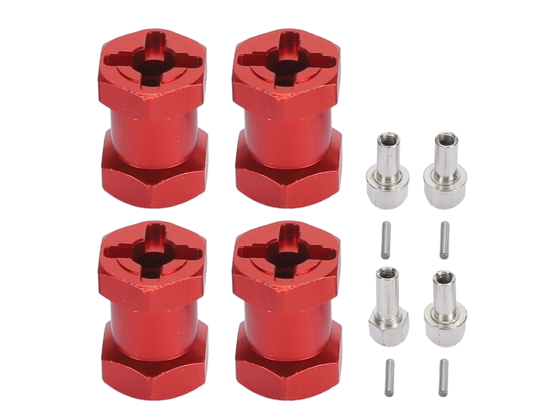 Conjunto de 4 espaçadores hexagonais para rodas de carros RC, 12 mm, universais, com compressão de 17 mm, na cor vermelha.