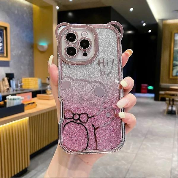 Capa Para Iphone 16 Pro Max Com Estampa De Ursinho De Pelúcia Em Tpu Com Efeito Eletrogalvanizado E Papel Glitter Degradê