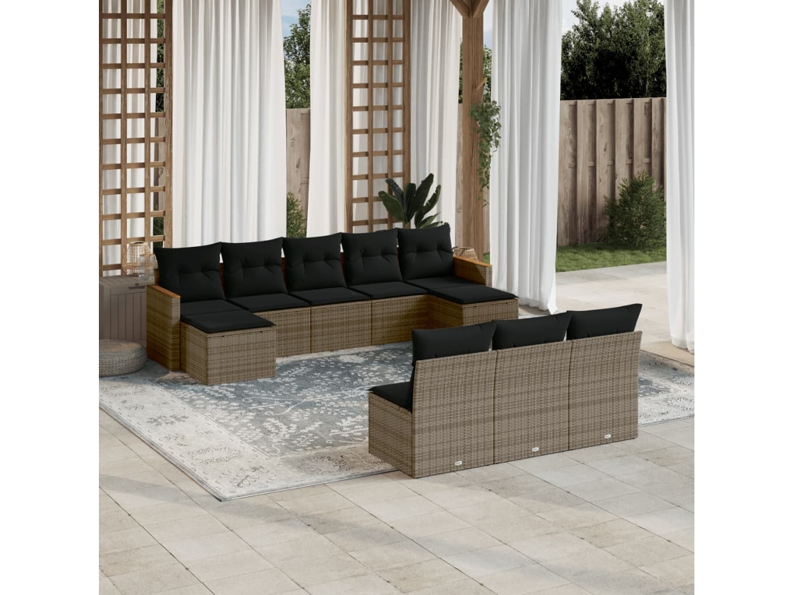 Vidaxl 10 Pcs Conjunto Sofás De Jardim C/ Almofadões Vime Pe Cinzento