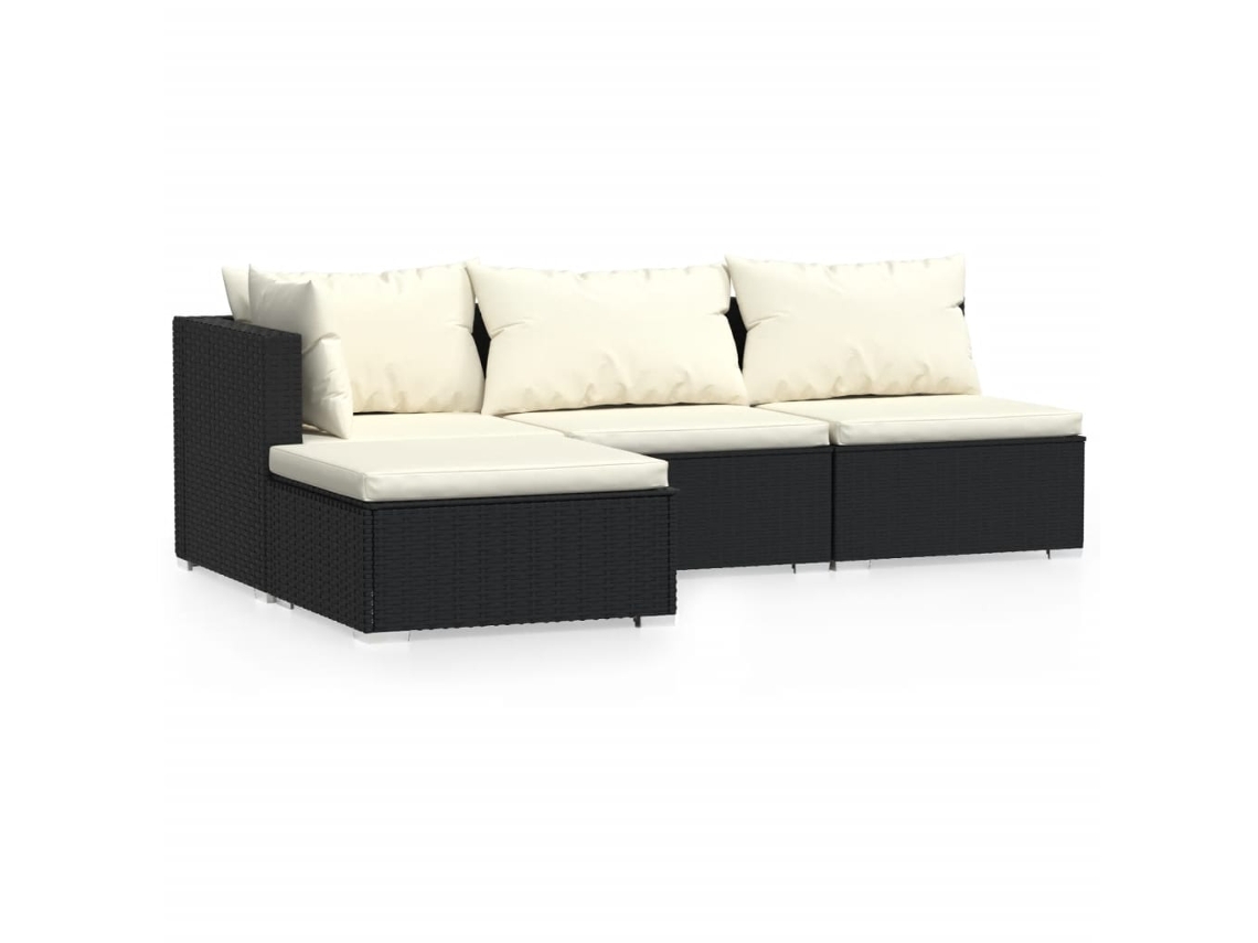 vidaXL 4 pcs conjunto lounge de jardim c/ almofadões vime PE preto