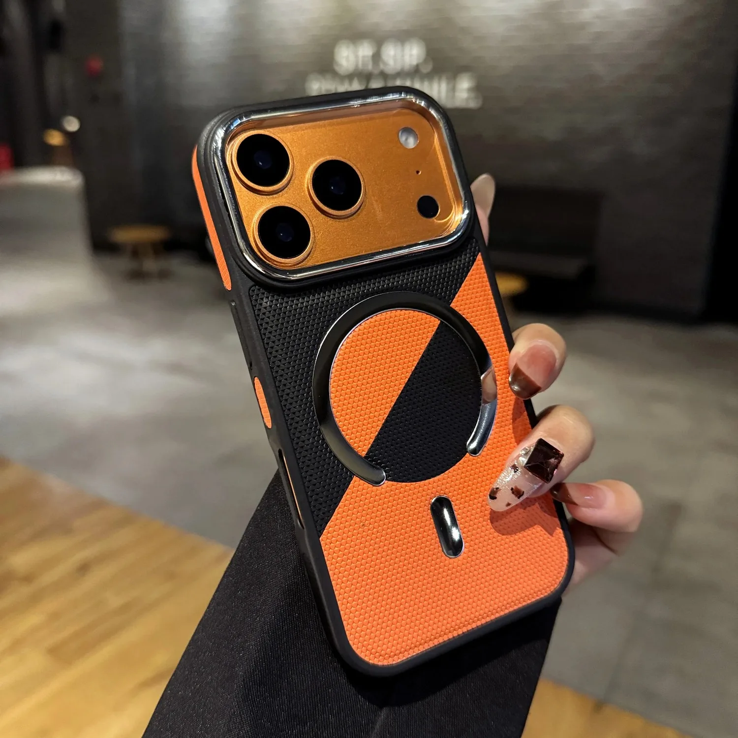 (laranja, Iphone 13 Pro Max) Capa Protetora De Couro Resistente A Impactos Com Carregamento Sem Fio Magnético.