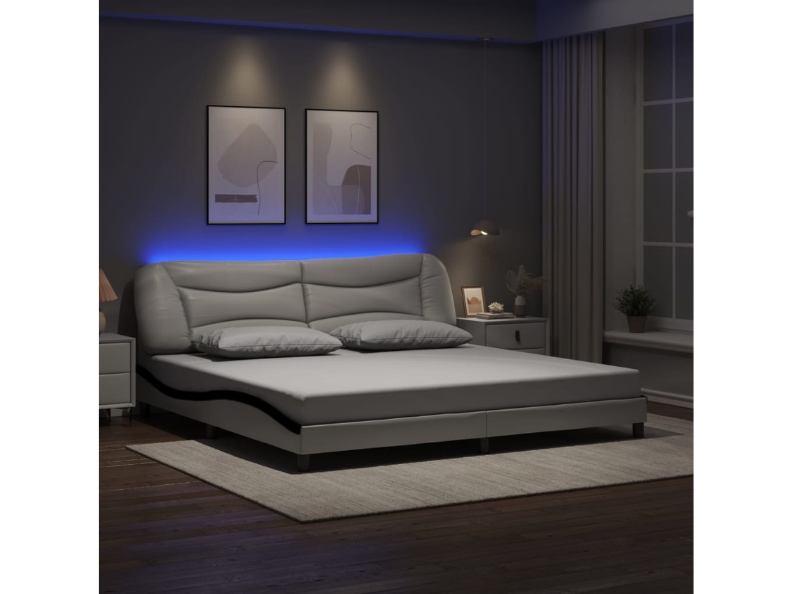 Estrutura Cama C/ Luzes Led 200x200cm Couro Artif. Branco/preto