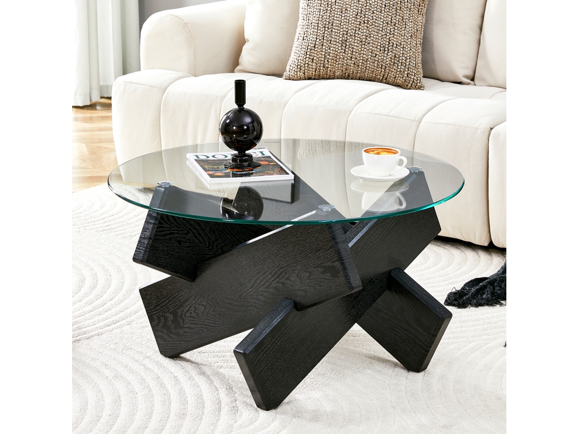Mesa Centro Vidro Mdf 79cm Preto Madeira Design Moderno Minimalista