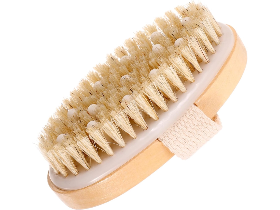 Escova De Massagem Corporal Bambu Com Cabeça Borracha E Cerdas Javali Bege, Para Limpeza Profunda E Remoção De Poeira No