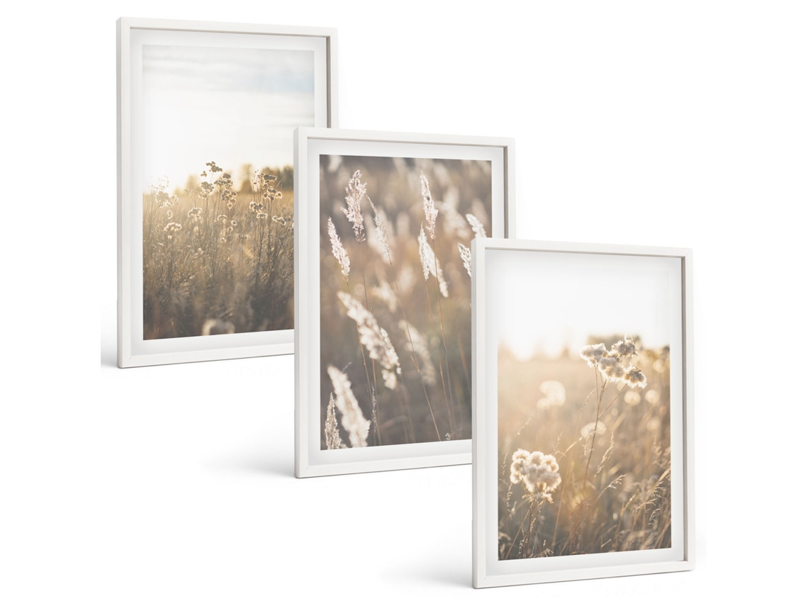Pinturas Murais Modernas Paisagem Grama Flores Quente Moldura Branca Fotos Para O Escritório Espelharte (3 Piezas De 40x60 Cm)