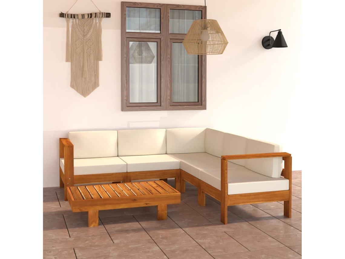 6 unidades Conj. Lounge De Jardim C/ Almofadões Branco Nata Acácia Dkd Home Decor