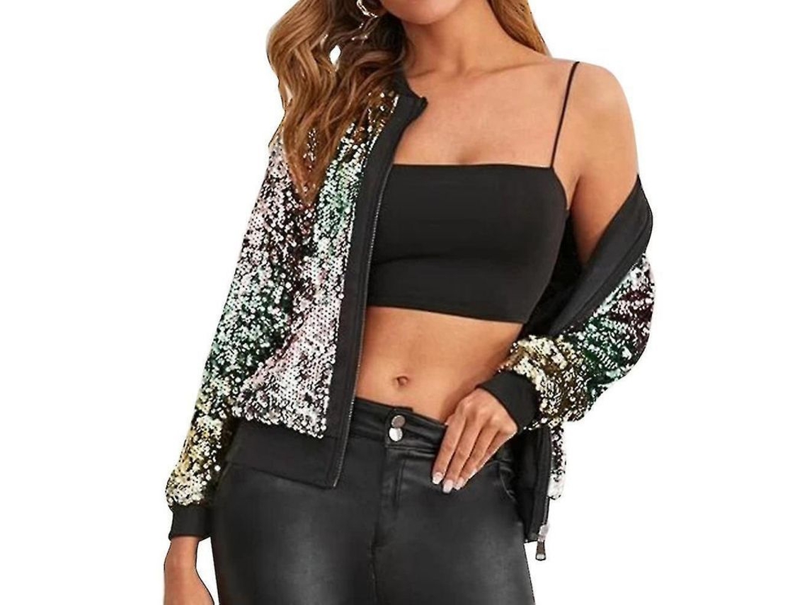 2026-chaqueta Corta Mujer Con Lentejuelas Moda Básquetebol Collar Botones Bolsillos Transpirable M Verde