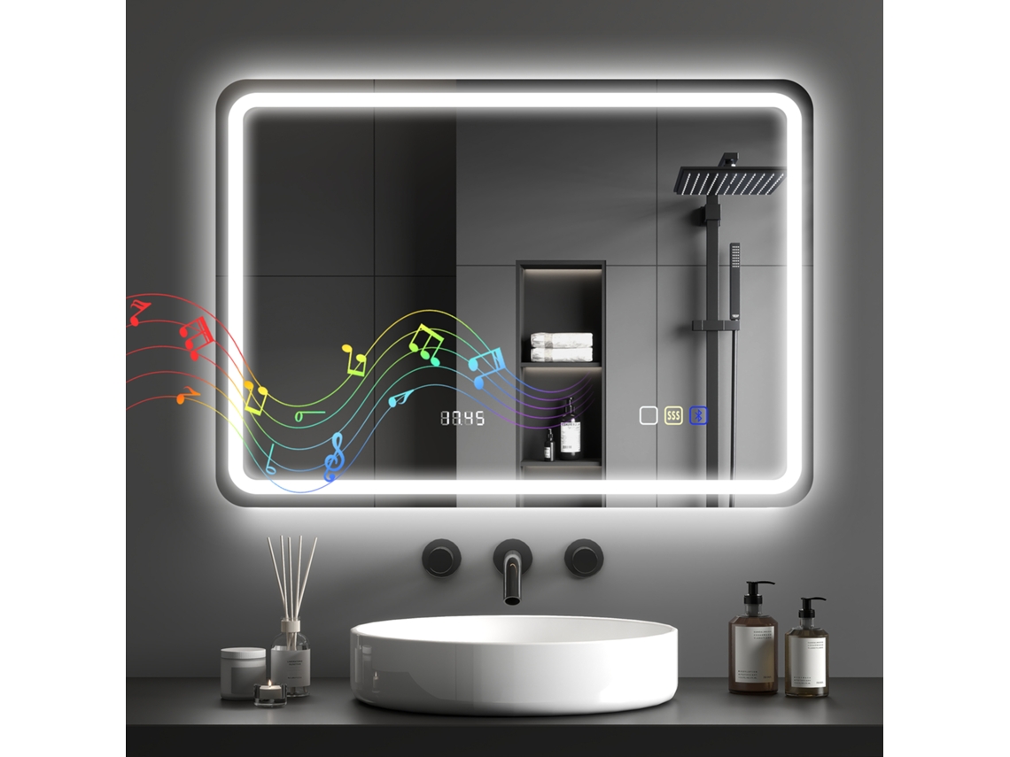 Espelho De Banheiro Bluetooth Com Iluminação Led, 50 X 70 Cm, De Parede Com Relógio, Antiembaçante, Prateado