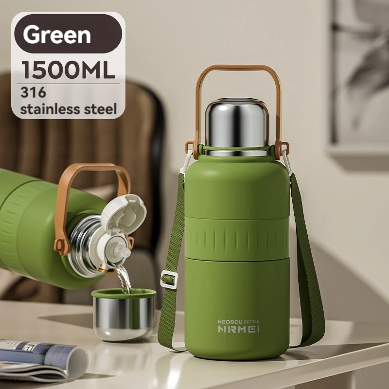 (verde, 1500ml) Garrafa De Água Térmica Em Aço Inoxidável Com Alça E Canudo, Isolamento A Vácuo, Adequada Para Água Quente E Fria.