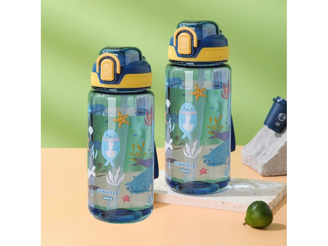 (azul, Pacote Com 2) Garrafas De Água Descartáveis De 600ml Com Desenho De Animais, Trava De Segurança E À Prova De Quedas.