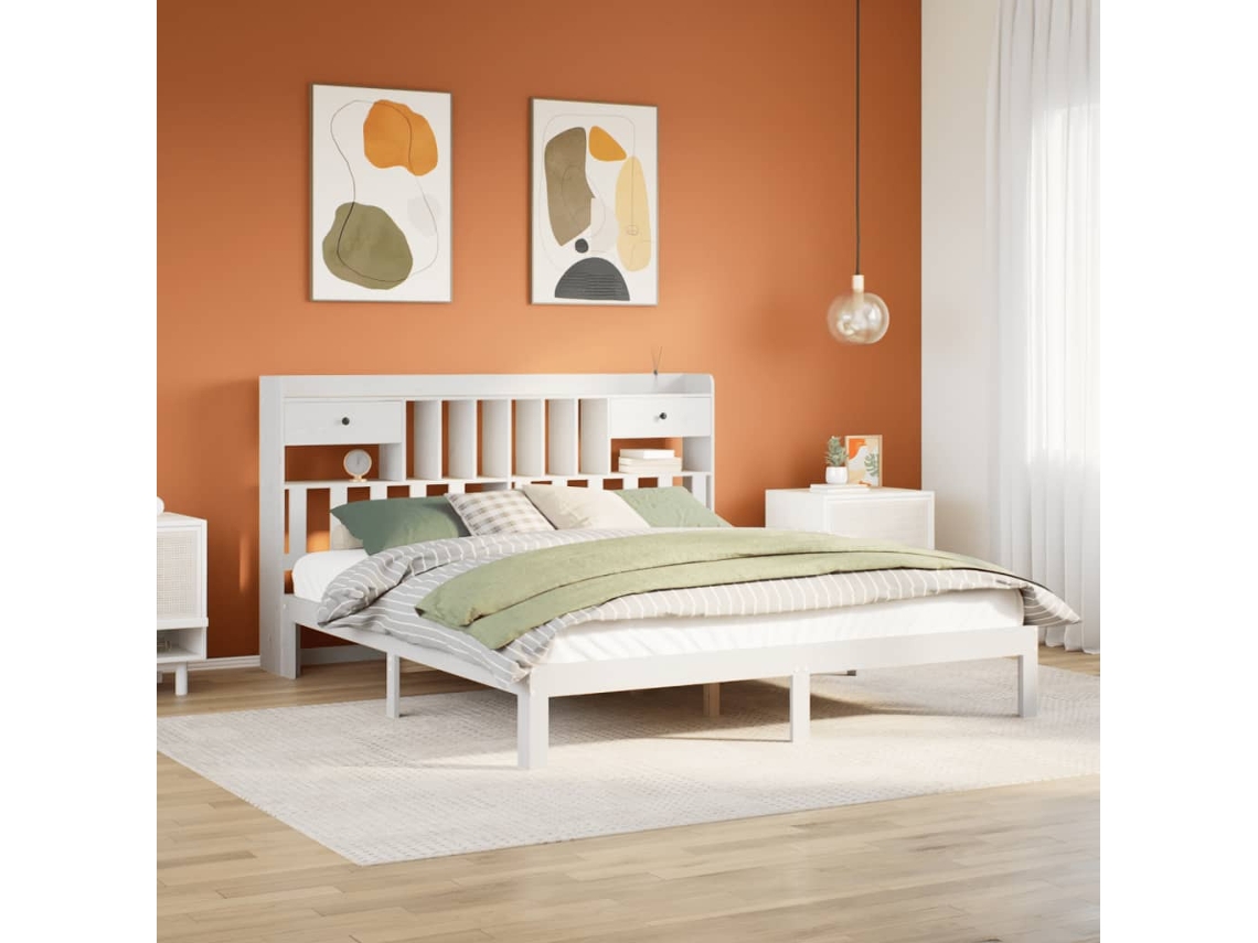 Vidaxl Cama Com Estante Sem Colchão 180x200 Cm Pinho Maciço Branco