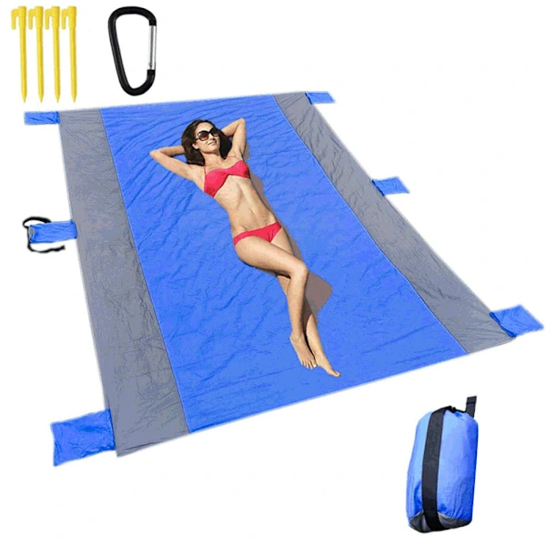 Ea Manta De Praia Tamanho Grande 220,2cm 180,1cm, Manta De Piquenique Impermeável À Areia, Tapete De Praia Em Nylon Com 4 Varetas Para Viagens, C