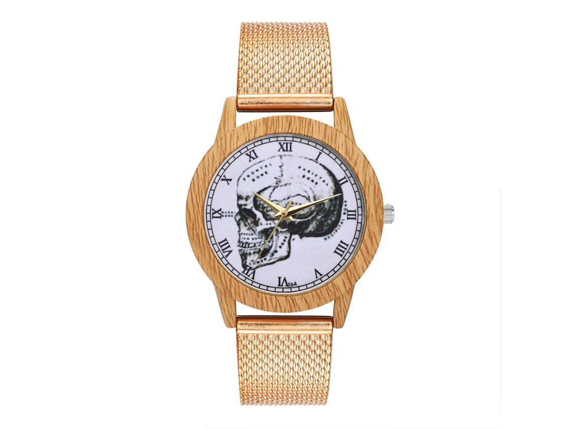 Relógio de quartzo unissex estiloso com mostrador de caveira e pulseira de silicone (dourado rosa)