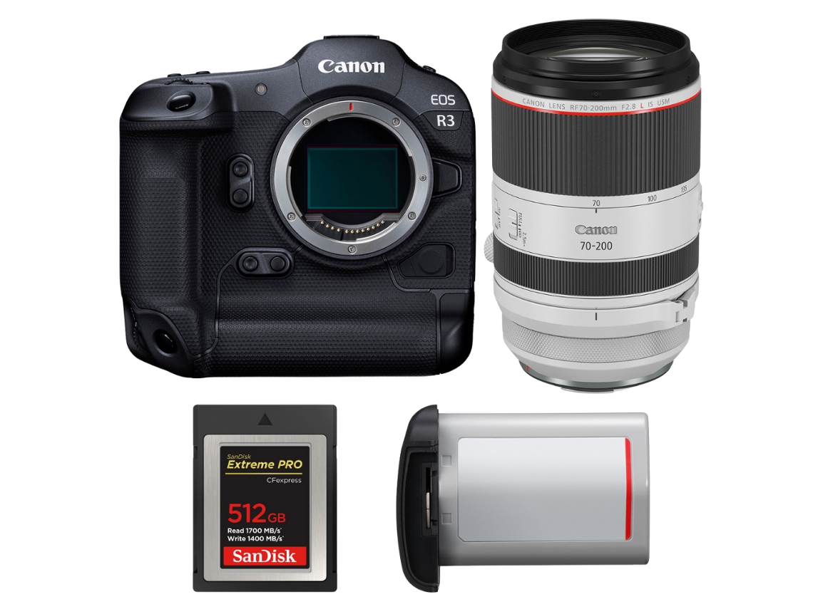 Eos R3 + Rf 70 200mm F/2.8 L Is Usm + 1 Sandisk 512gb Extreme Pro Cfexpress Type B + Canon Lp e19 + Ebook “20 Dicas para Fotos Que Impressionam” CANON