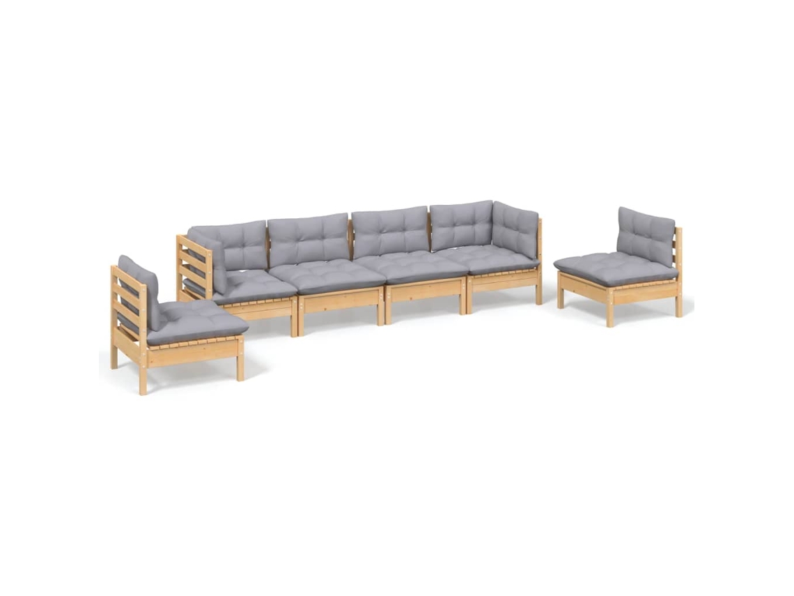 Conjunto de 6 Lounge de Jardim com Almofadões Cinza Pinho Maciço MAISON EXCLUSIVE