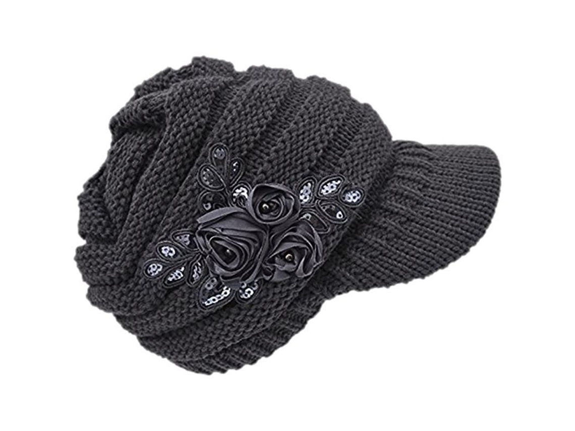 Chapéu De Malha Quente Feminino De Inverno Com Visor Em Forma De Gancho E Decoração De Flores Com Lantejoulas
