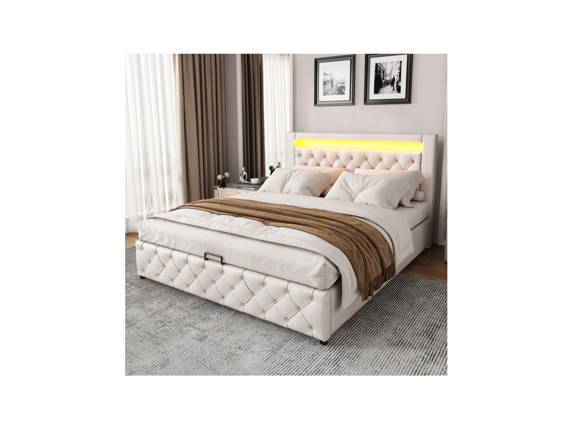 Cama Box 160x200 Cm Com Estofado, Base De Ripas, Armazenamento E Led - Branco Em Pu