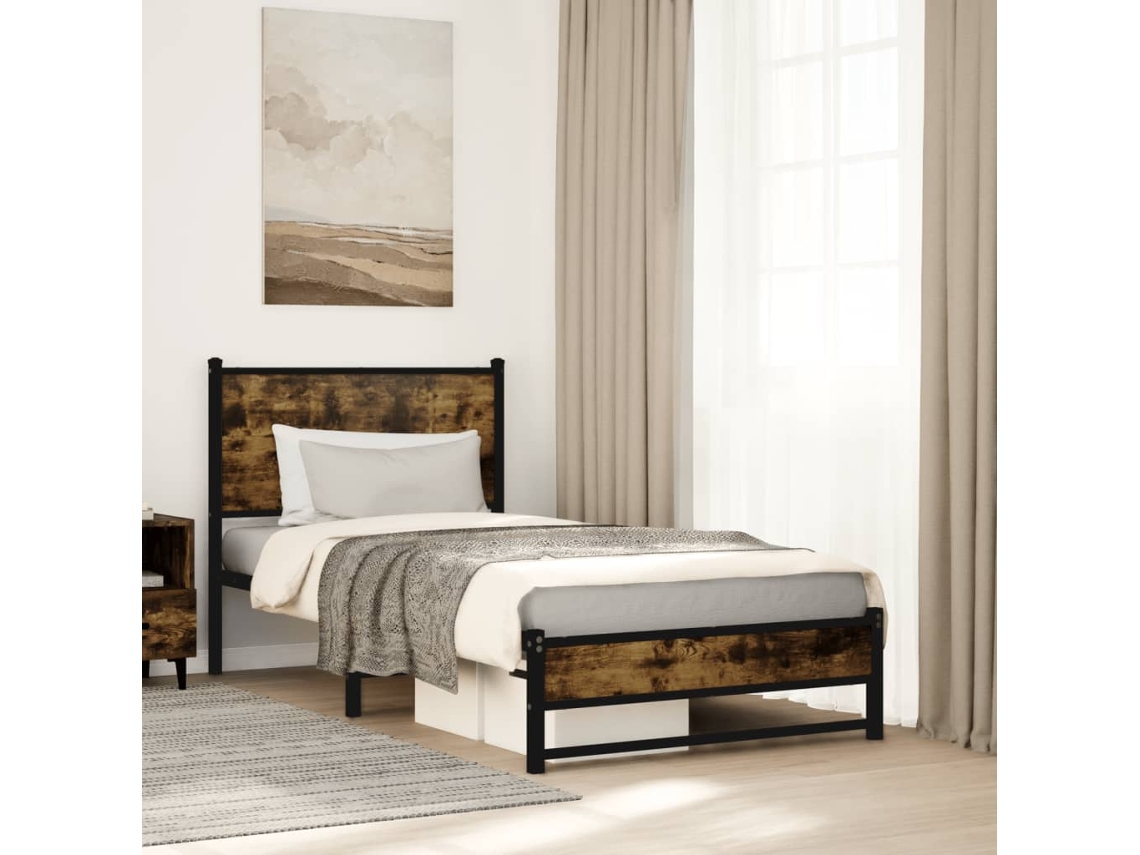 Estrutura De Cama Sem Colchão 75x190 Cm Metal Carvalho Fumado