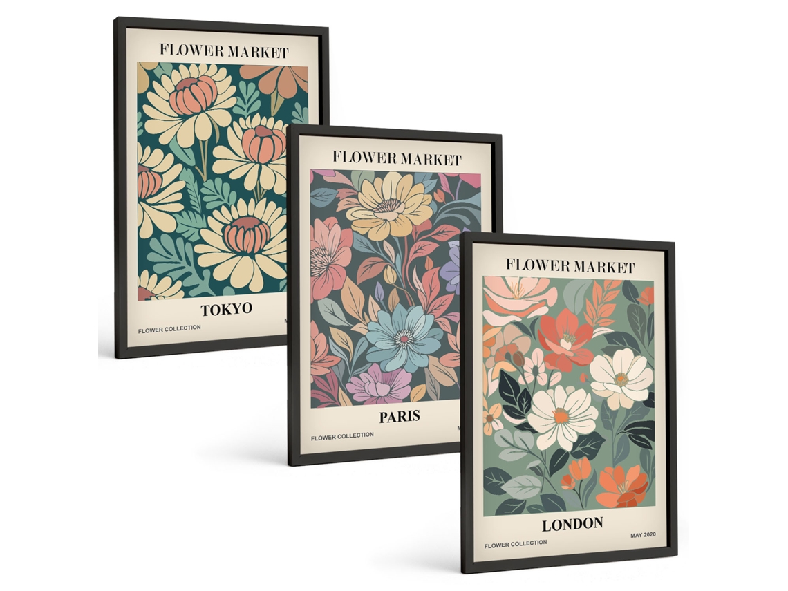 Conjunto De Pinturas Pôsteres Florais Tóquio Paris Londres Moldura Preta Quadros Para A Sala De Estar Espelharte (3 Piezas De 40x60 Cm)