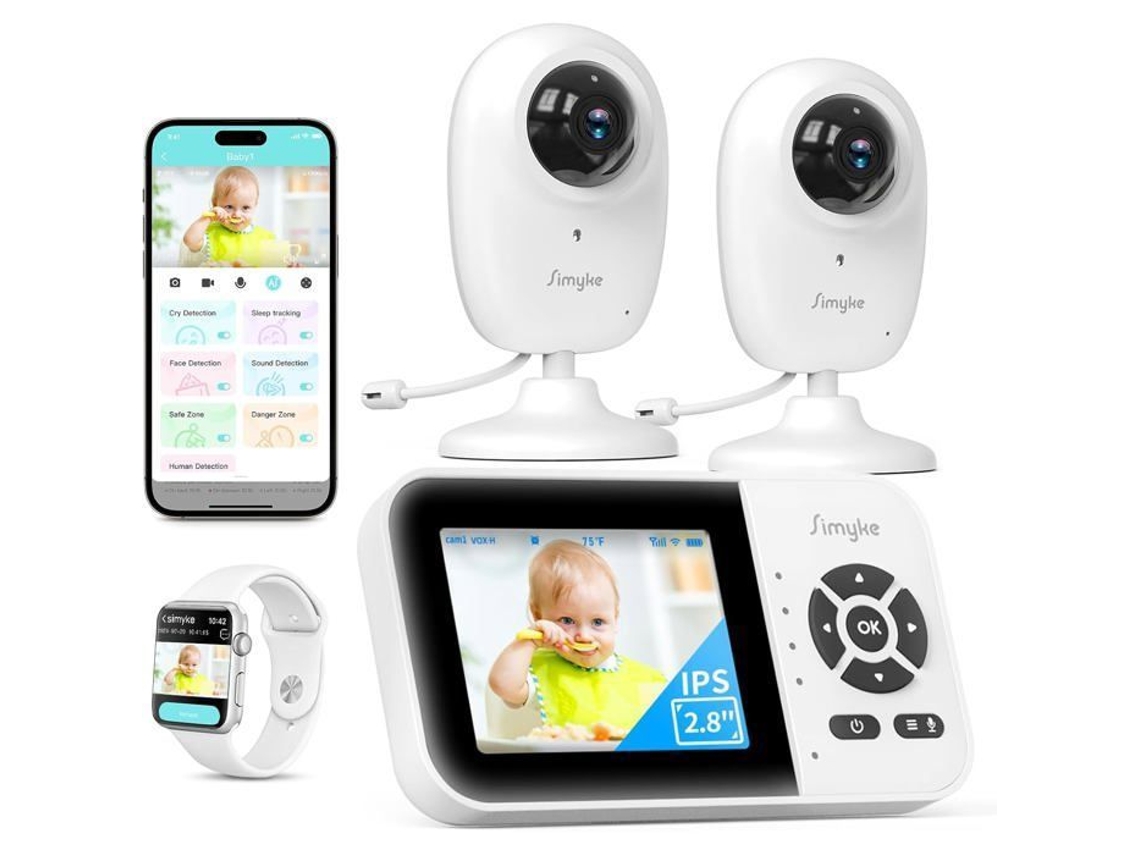 Simyke Câmera De Vídeo Baby Monitor 2 Câmeras E Áudio Tela De 2,8'', Sem Visão Noturna Wifi, Detecção De Temperatura