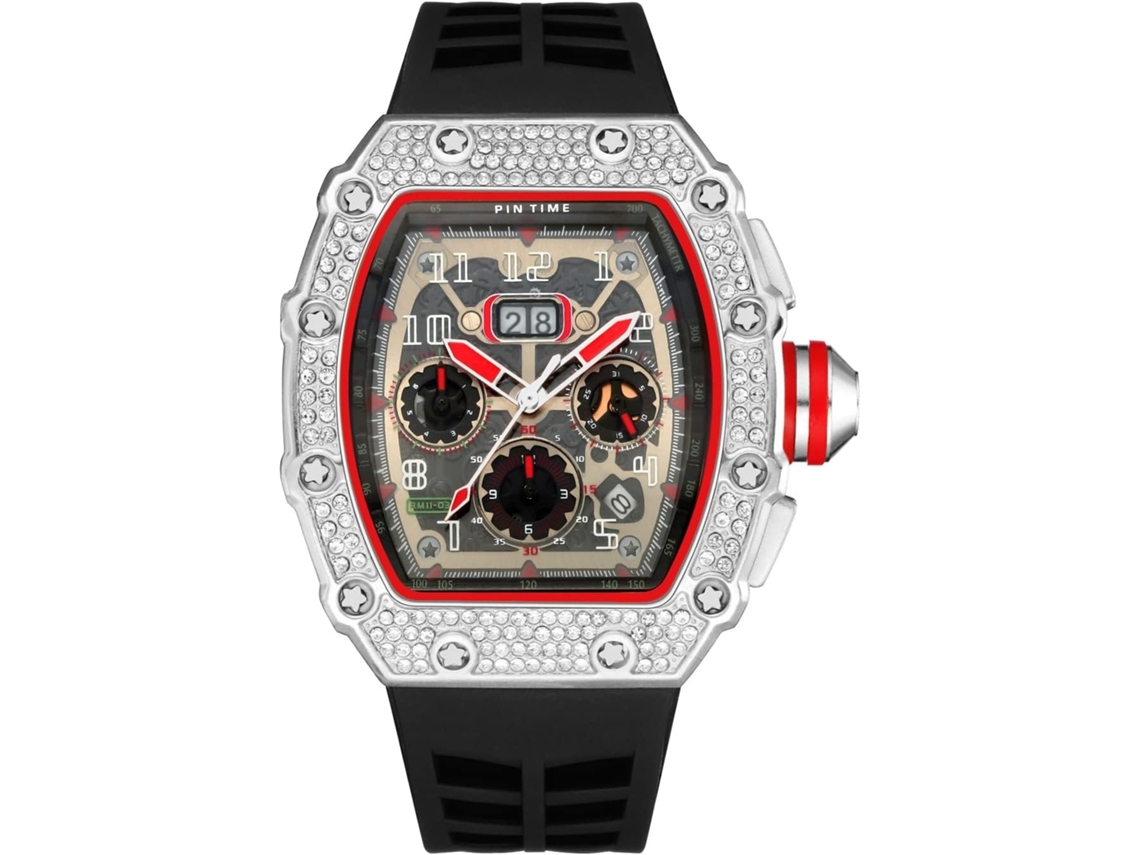 Lurelia Relógio Cronógrafo Masculino, Data/calendário, Detalhes Com Strass, Pele, Silicone, Preto, Vermelho