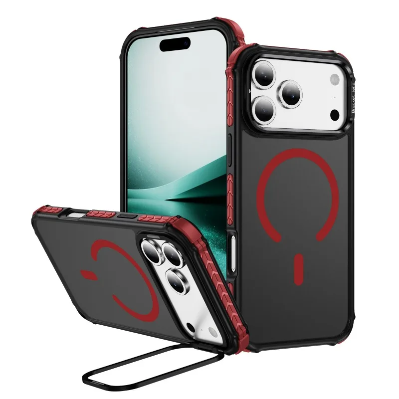 (preto E Vermelho, Iphone 17 Pro Max) Capa Fosca, À Prova De Choque, Carregamento Magnético, Suporte Na Lente
