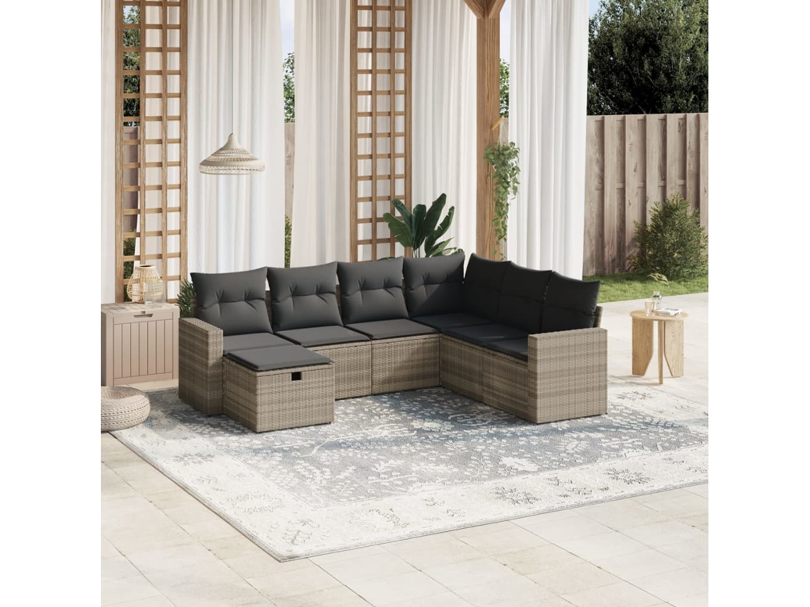 Vidaxl 7 Pcs Conj. Sofás Jardim Com Almofadões Vime Pe Cinzento-claro