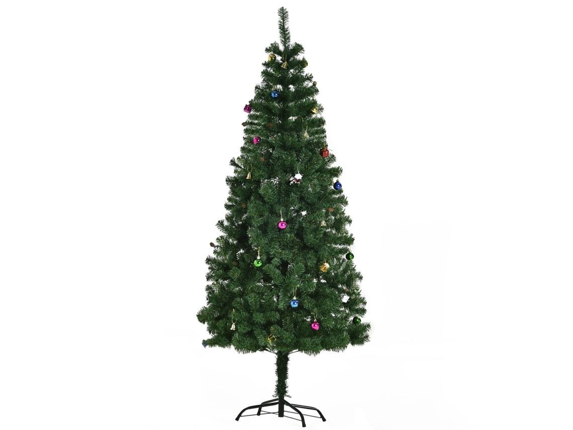 Árvore De Natal Artificial 180cm Ignífugo Com 624 Ramos 48 Decorações Folhas De Pvc E Suporte Metálico Verde