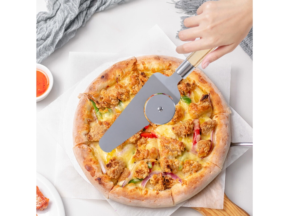 Cortador E Pá De Pizza 2 Em 1 Em Aço Inoxidável - Rolo De Corte E Espátula Para Servir Pizza