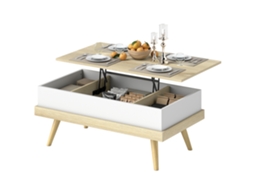 Mesa De Centro Elevatória Com 3 Compartimentos De Armazenamento Ocultos E Pés De Madeira 100x79x54 Cm E Branco