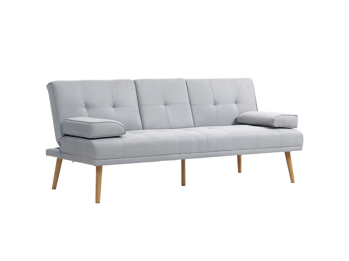 Sofá-cama 3 Lugares Cinza Claro Com Mesa Dobrável E Porta-copos, Acabamento Em Linho