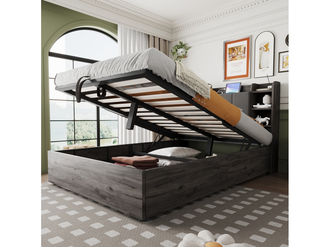 Cama Casal 140x200 com Elevação e Cabeceira Usb c Cinza