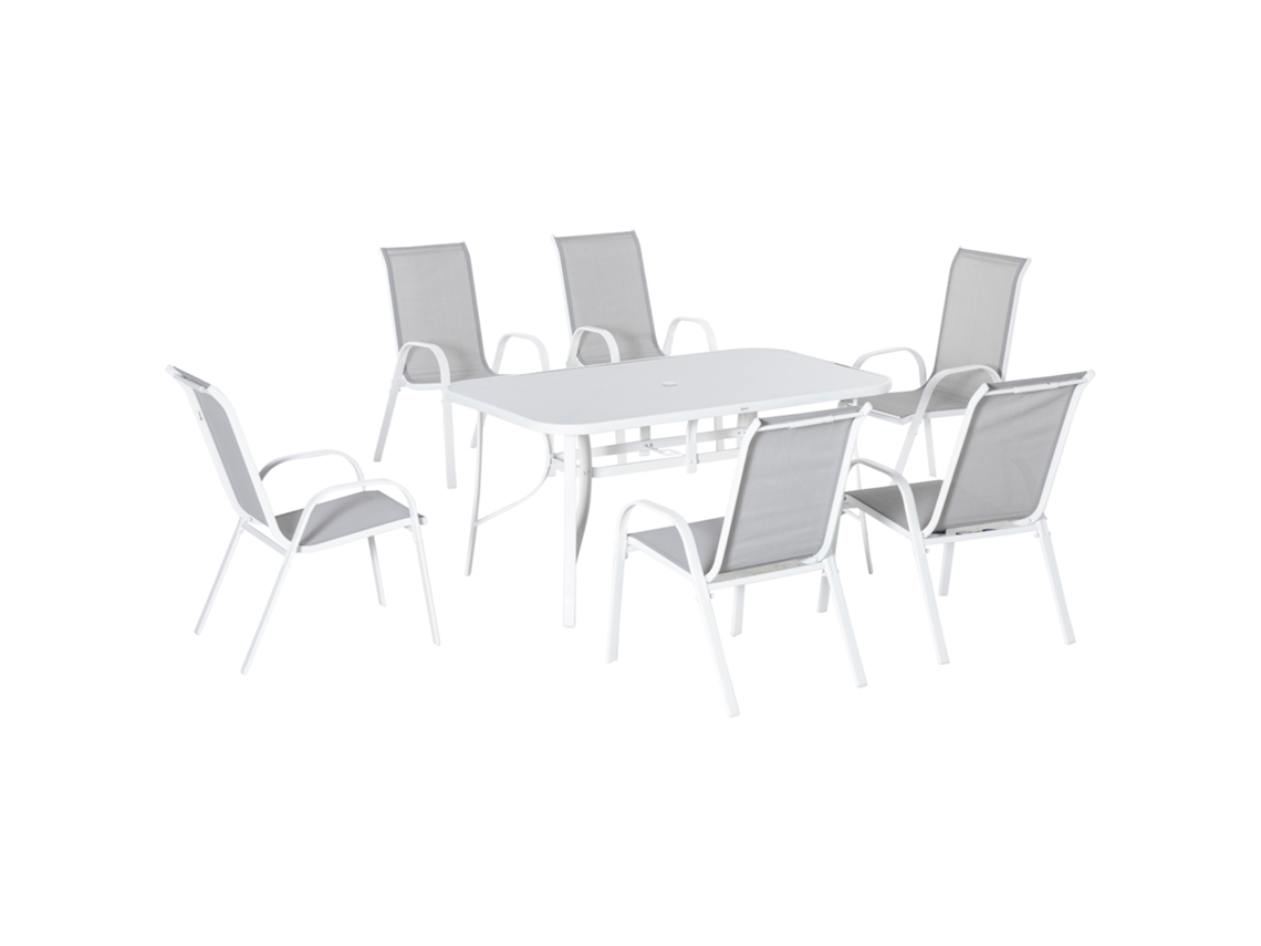 Conjunto de Mesa e 6 Cadeiras para Varanda com Furo para Guarda sol e Tampo de Vidro móveis de Jardim Cinza BTFORUS