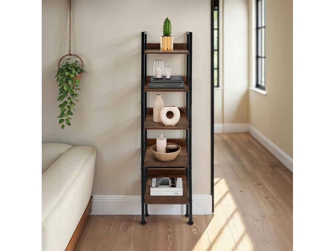 Estante De Estilo Industrial Com 5 Prateleiras De Altura Ajustável, 35,5 X 31,5 X 170,5 Cm, Em Madeira Escura