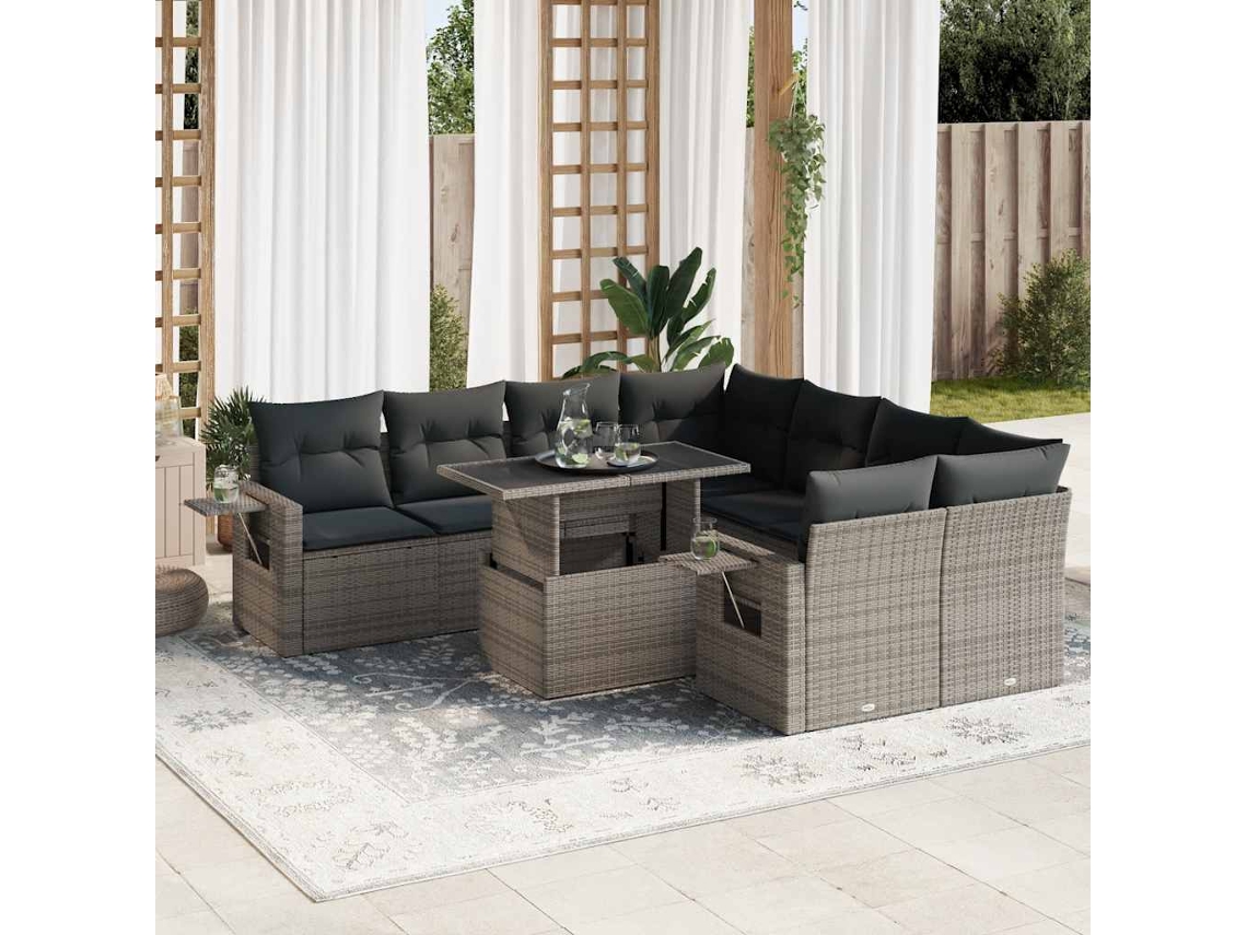 Vidaxl 9 Pcs Conjunto Sofás P/ Jardim Com Almofadões Vime Pe Cinzento