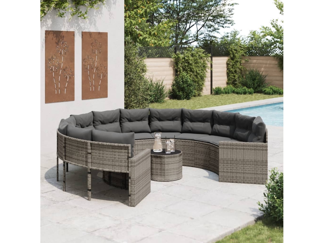 Sofá De Jardim Com Mesa E Almofadões Redondo Vime Pe Cinzento Dkd Home Decor